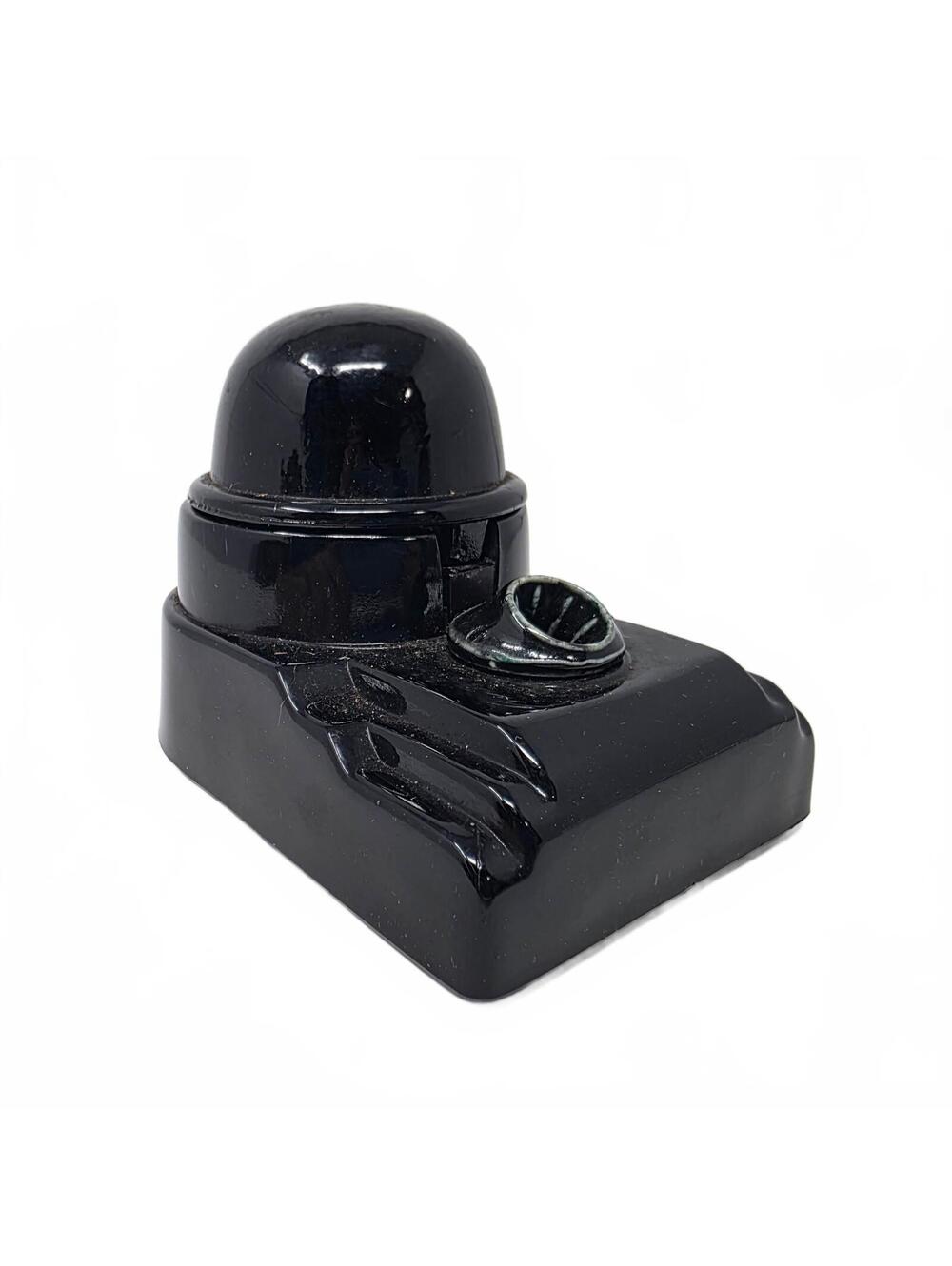 Vintage Art Deco Black Glass Inkwell with Pen Holder, 1930s Desk Accessory